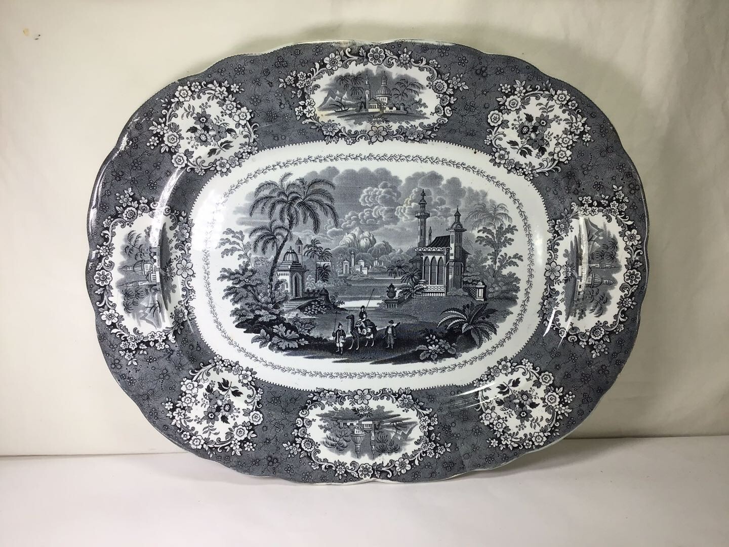 UU5 Large Long Antique Circa 1830 Black Rectangle Porcelain Plate Well Preserved