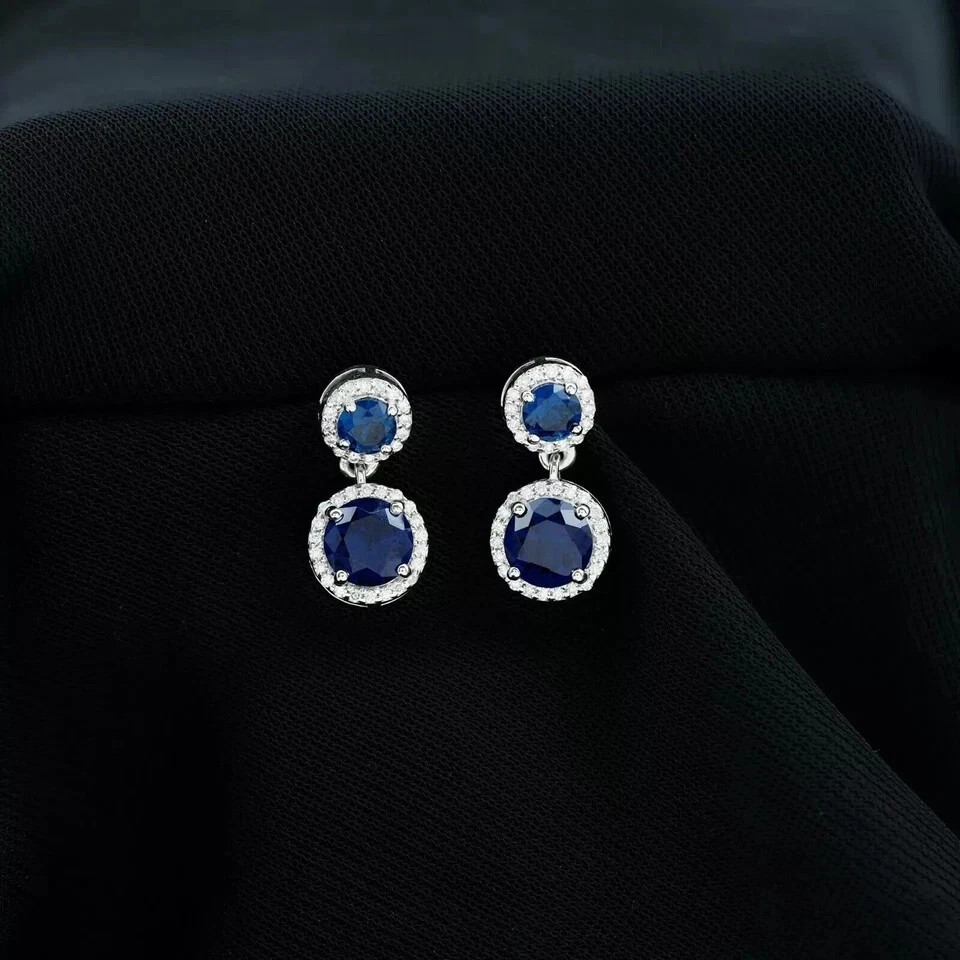 2Ct Round Cut Lab Created Sapphire Halo Drop Dangle Earring 14KWhite Gold Plated