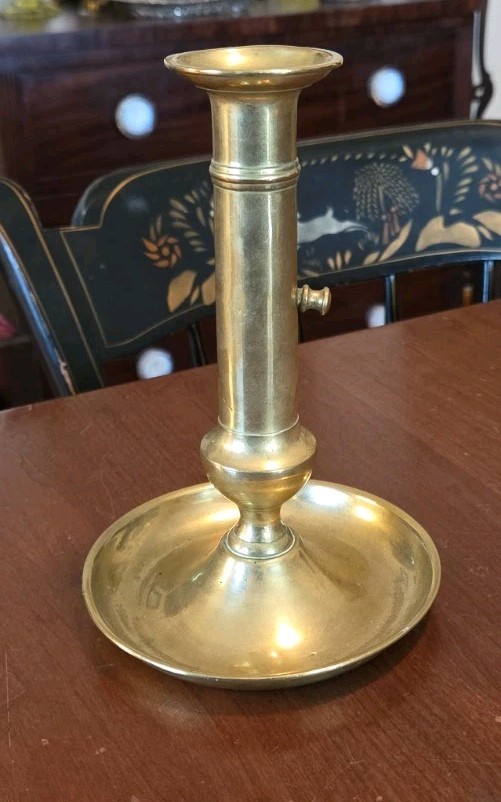Antique Brass Push Up Candlestick Holder Chamberstick 19th Century Saucer Base