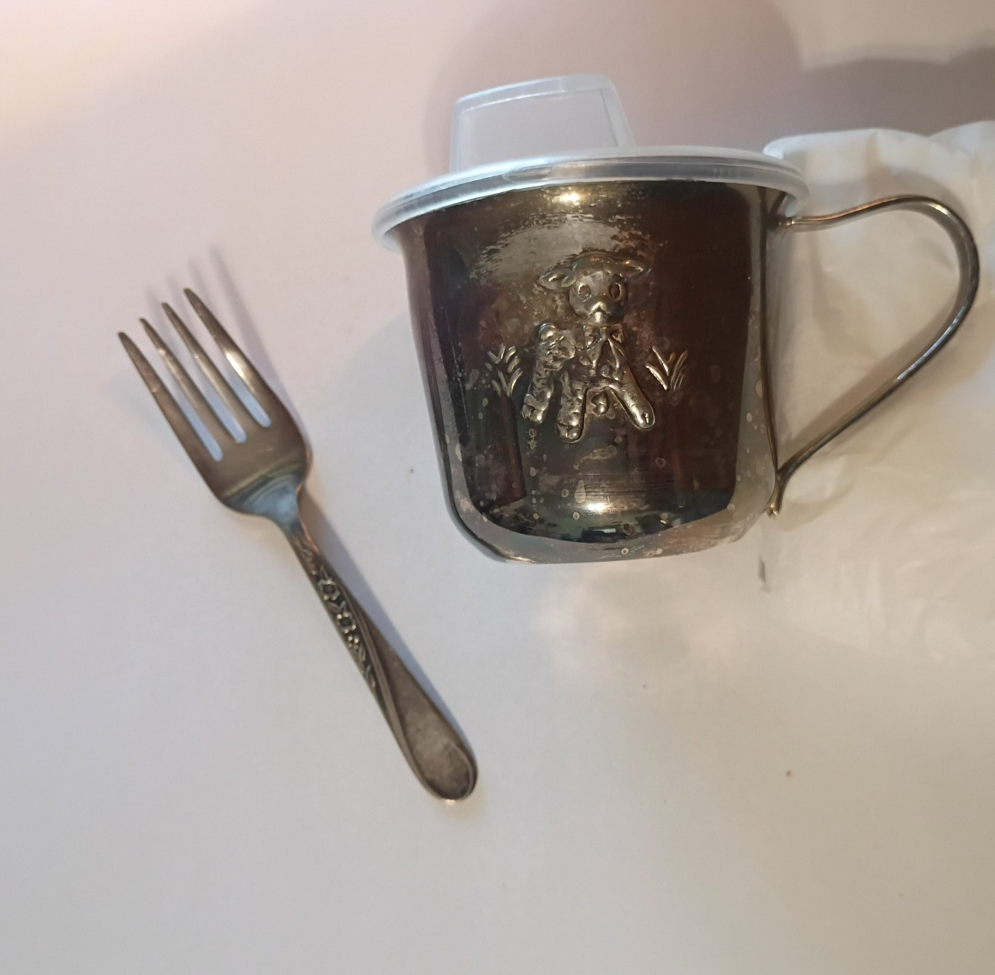 Vtg. Silver-Plated Embossed Lamb Baby Cup W/ Handle & Top + Wm. Rogers Baby Fork