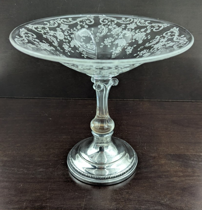 Cambridge Chantilly Compote Bowl Floral Etched Glass Sterling Silver Base 6-1/4″
