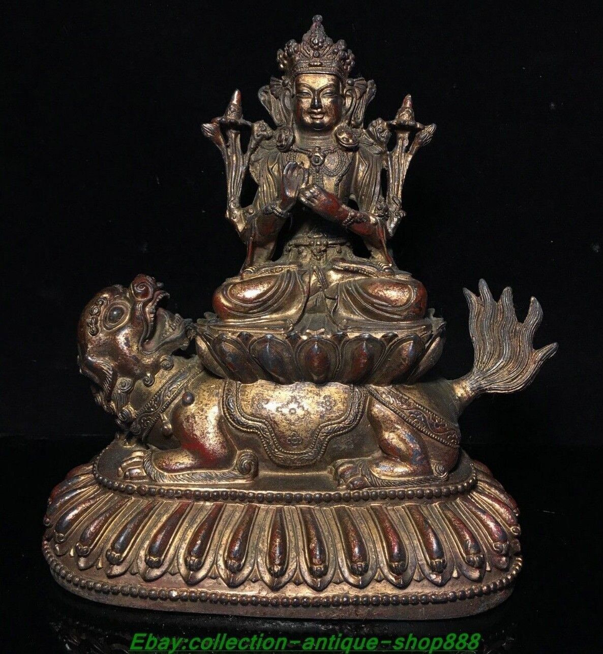 22.5 CM Old Chinese Bronze Gilt Wenshu Manjushri Samantabhadra Lion Statue