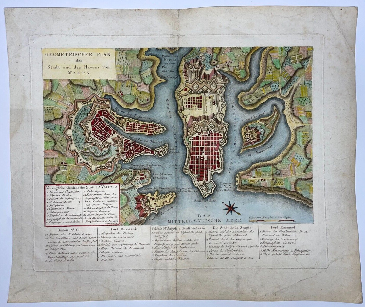 MALTA VALETTA c. 1790 DESPRES UNUSUAL LARGE ANTIQUE PLAN 18TH CENTURY
