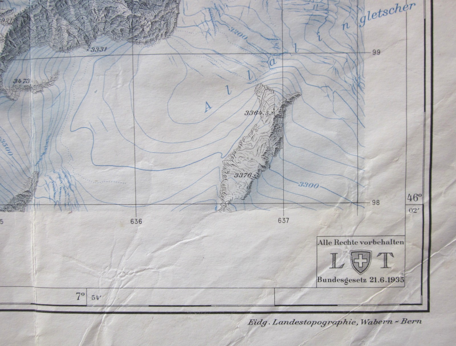 1968 1st Ed Randa Vintage Map 1328 Swiss Alps Climbing Weisshorn Glaciers 1960
