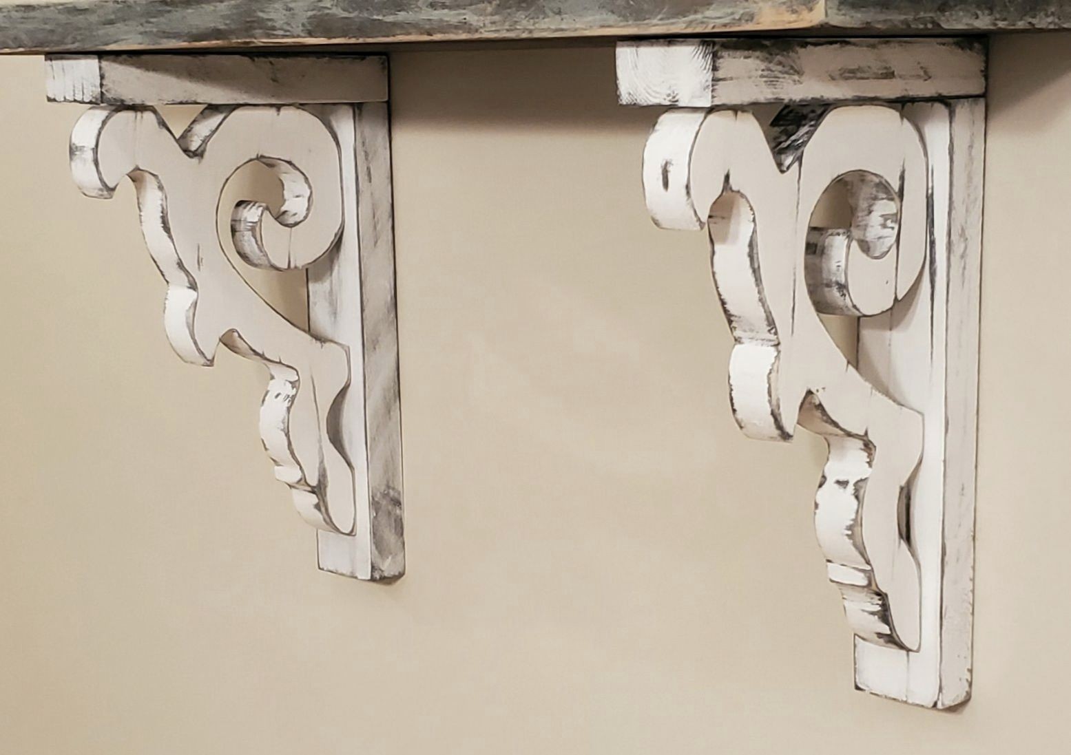 Pair of Distressed White Scroll Design Wood Corbels Shelf Brackets VSB010