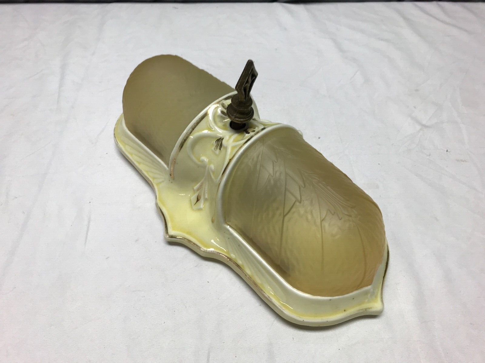 VTG Art Deco Porcelain Ceiling Light Amber Stained Glass Slip Shade Old 1928-23B