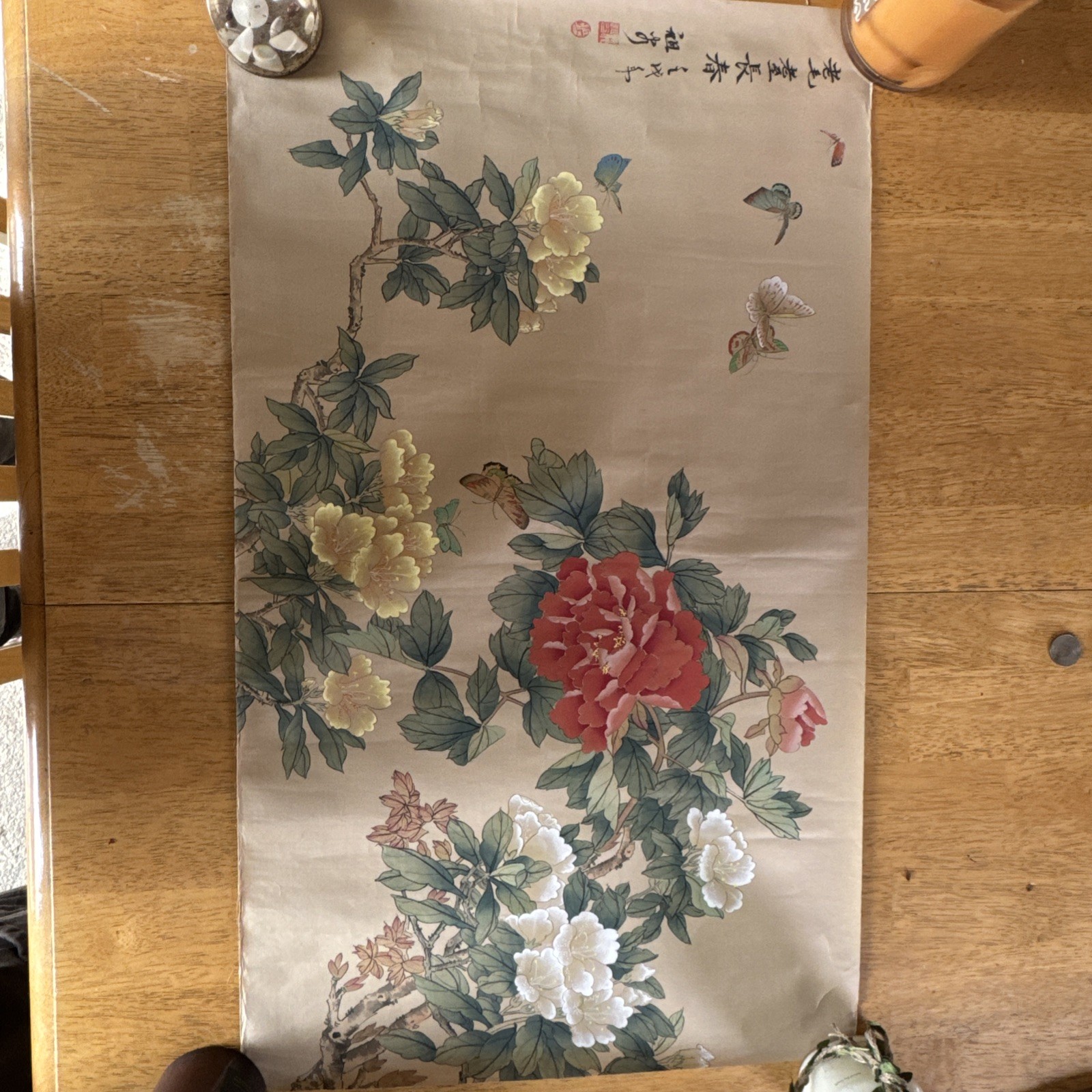 Vintage Asian Silk Painting Scroll 16.75” X 28.75” Butterfly’s Flowers Unframed