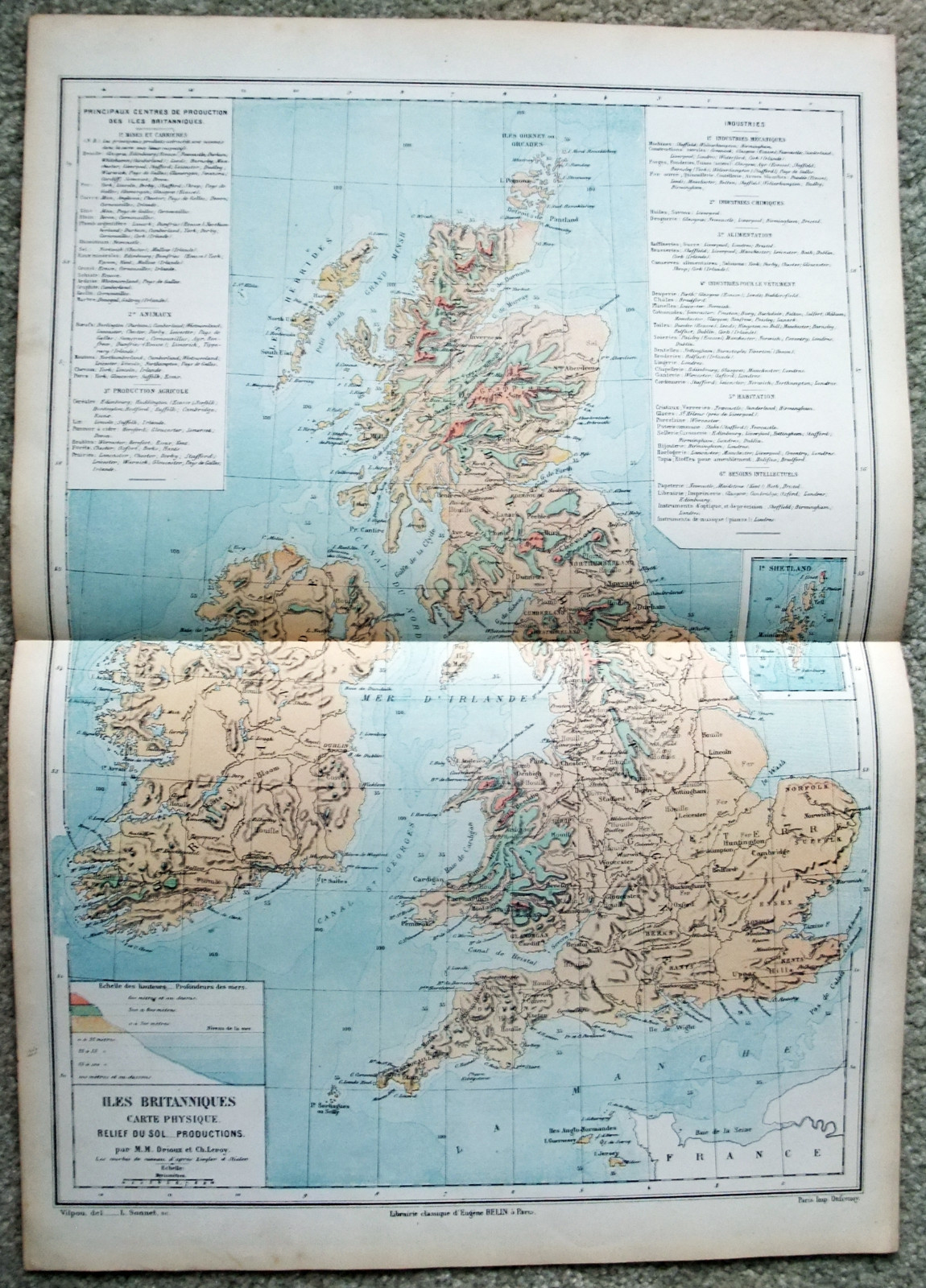 Original 1884 Physical & Economic Map of The British Isles by Drioux & Leroy