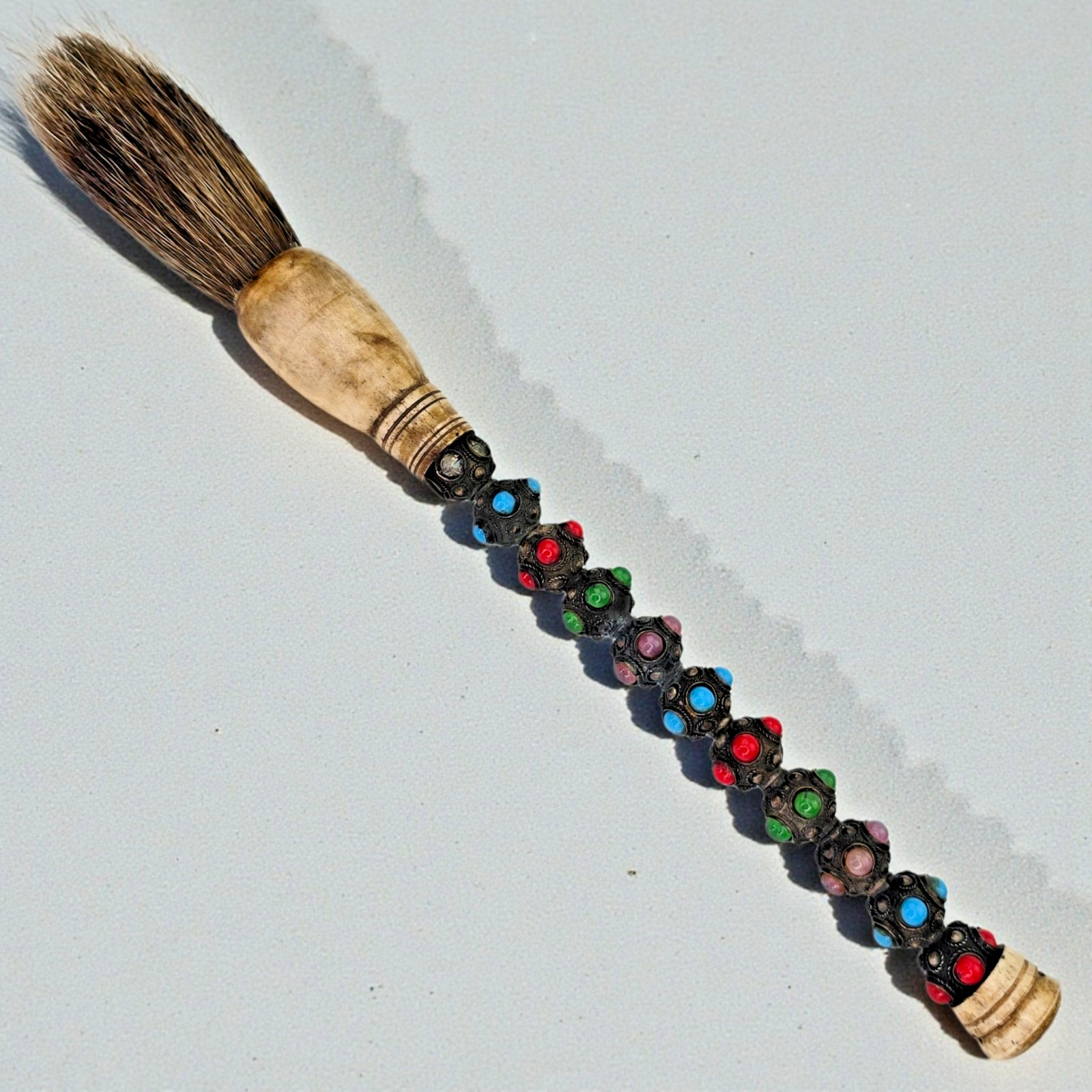 Antique Chinese Tibetan Scholar’s Calligraphy Brush Multicolor Cabochon Handle