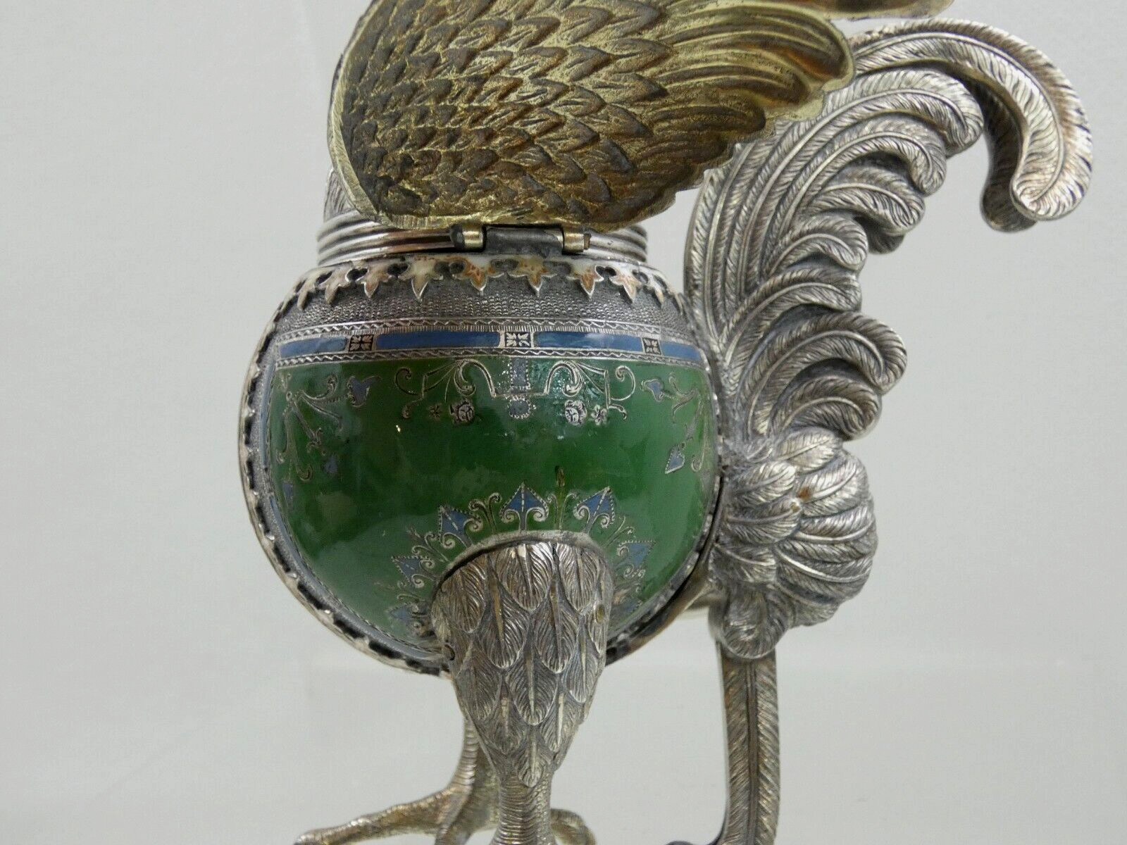 ANTIQUE SILVER ENAMEL SPICE CONTAINER BESAMIM HAVDALAH JUDAICA Figural Rooster