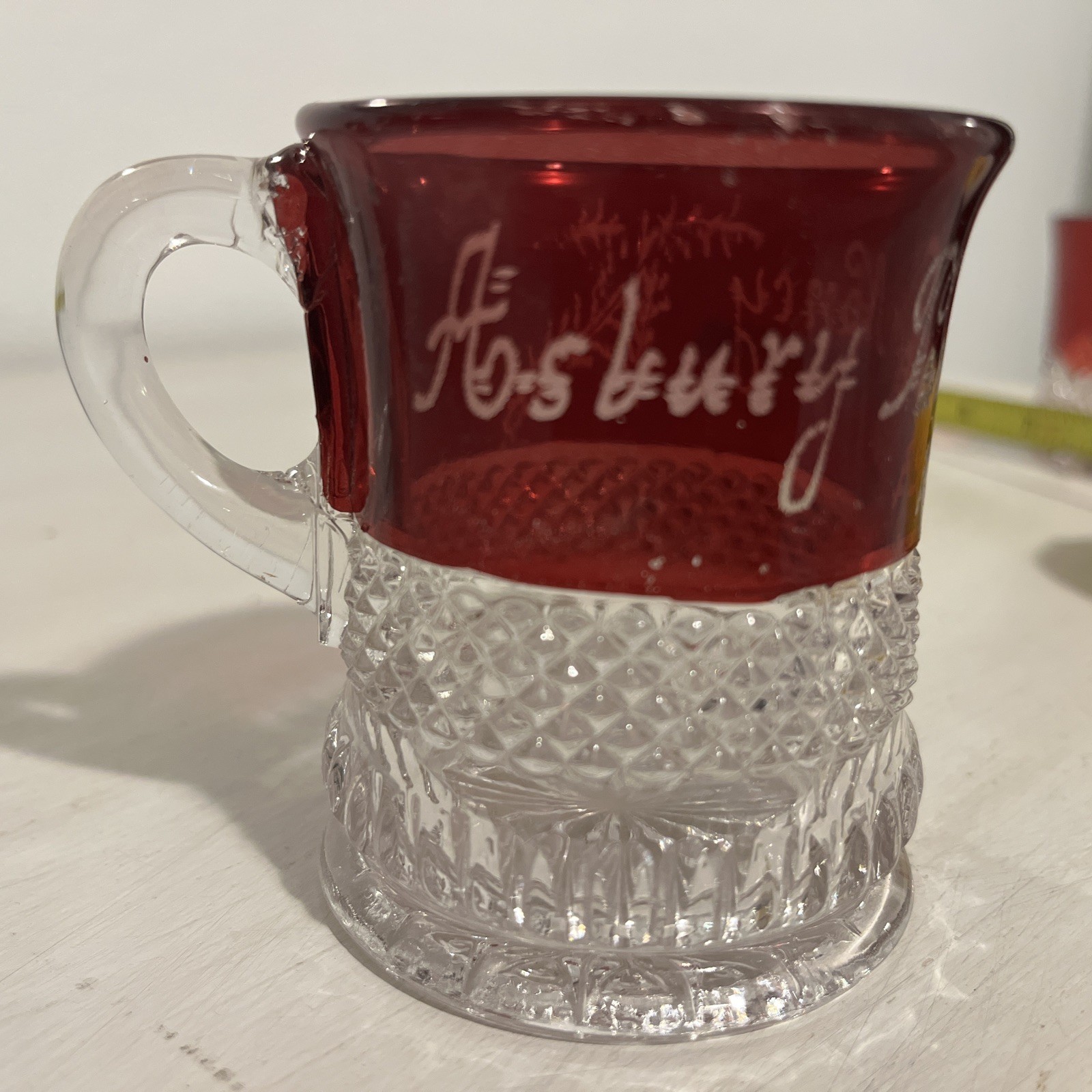 Vtg Ruby Red Flash Souvenir Glass CUT GLASS COFFEE MUG Asbury Park 1900 Nancy