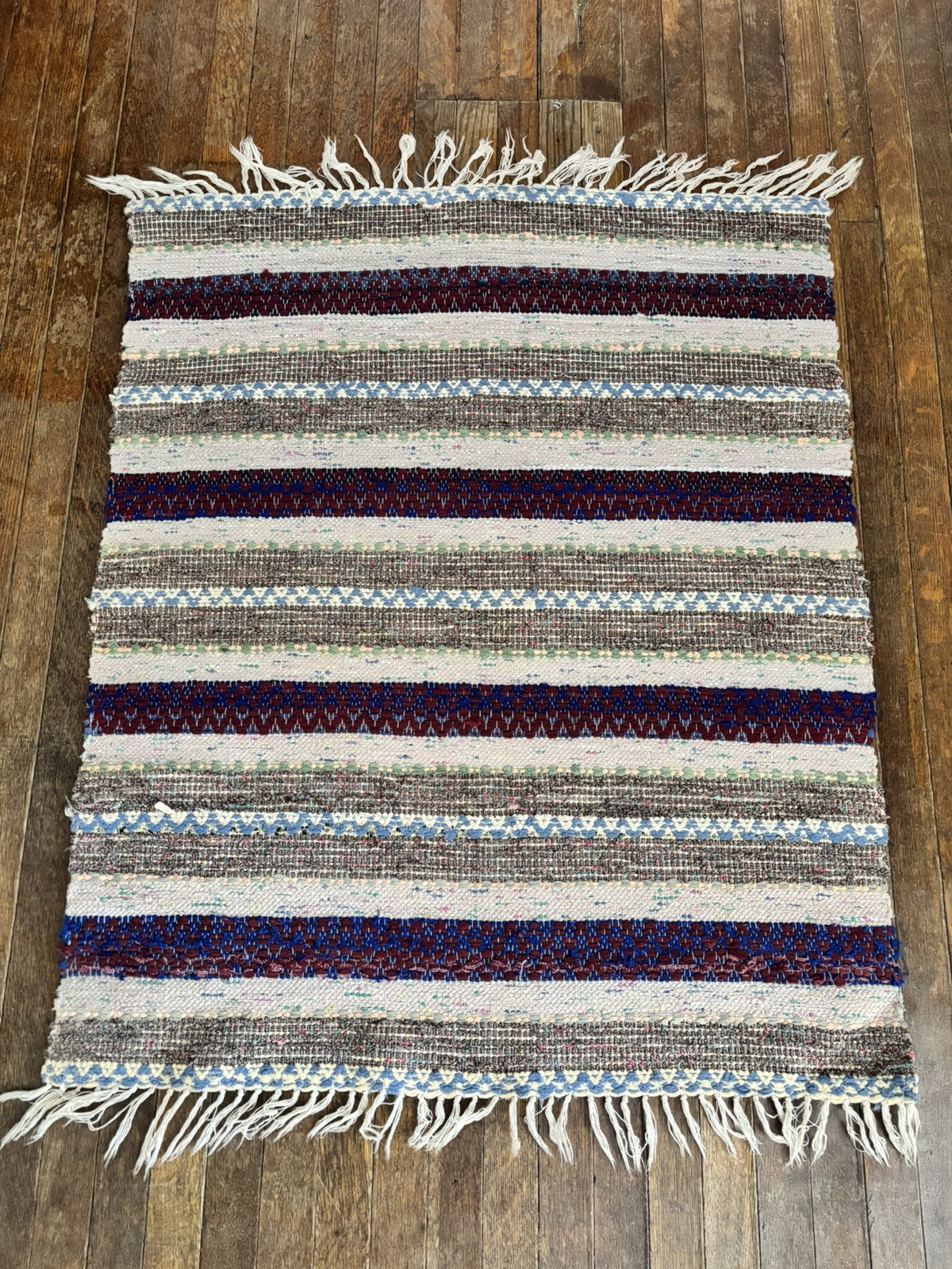 Stripes Swedish Hand Made Rag Rug (32 x 38.5 inches) 1930s