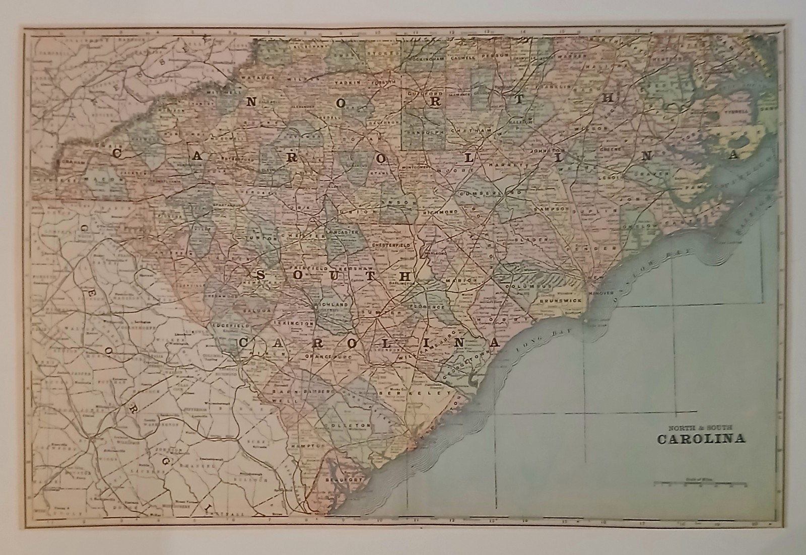 Antique 1898 Map Of The Carolinas, North & South