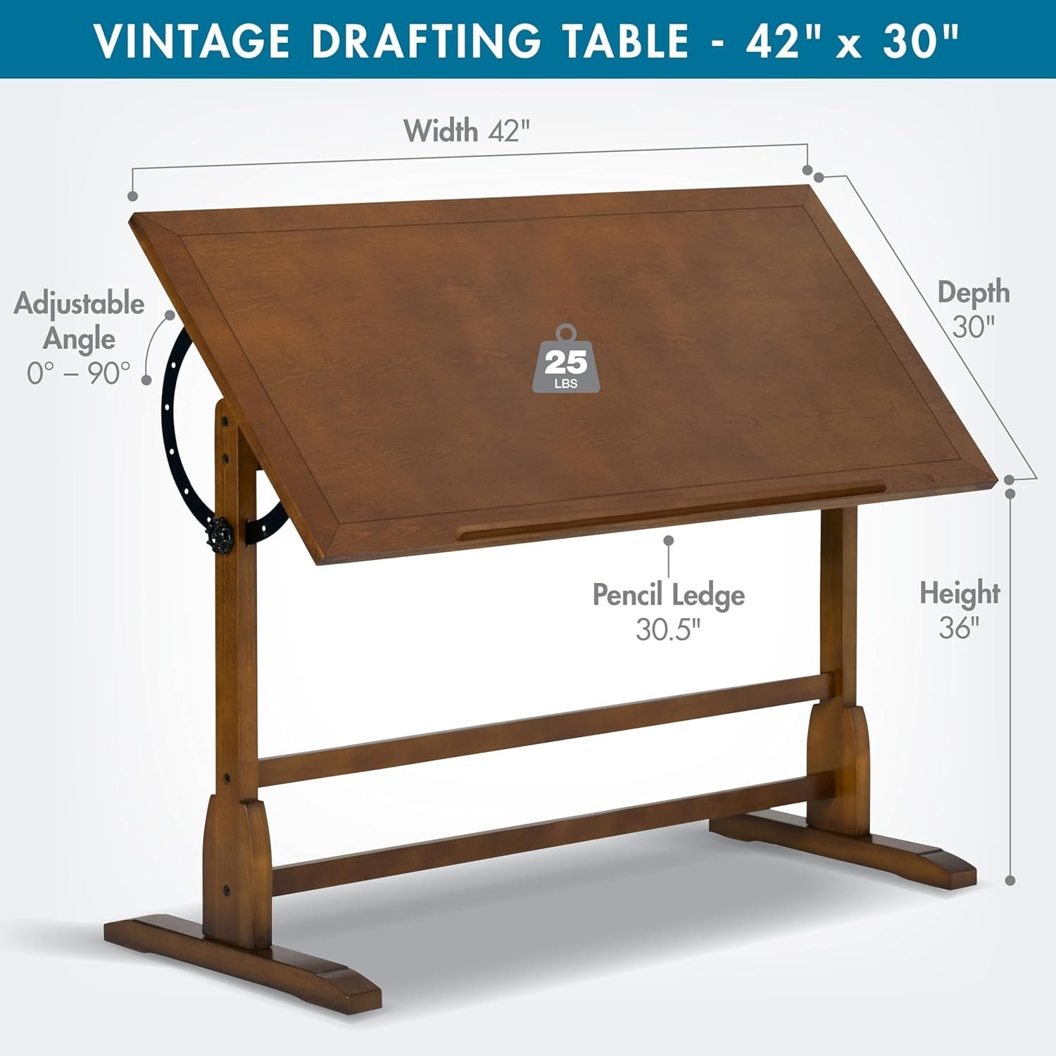 Vintage Drafting Table Solid Wood Adjustable Surface Pencil Ledge Art Studio