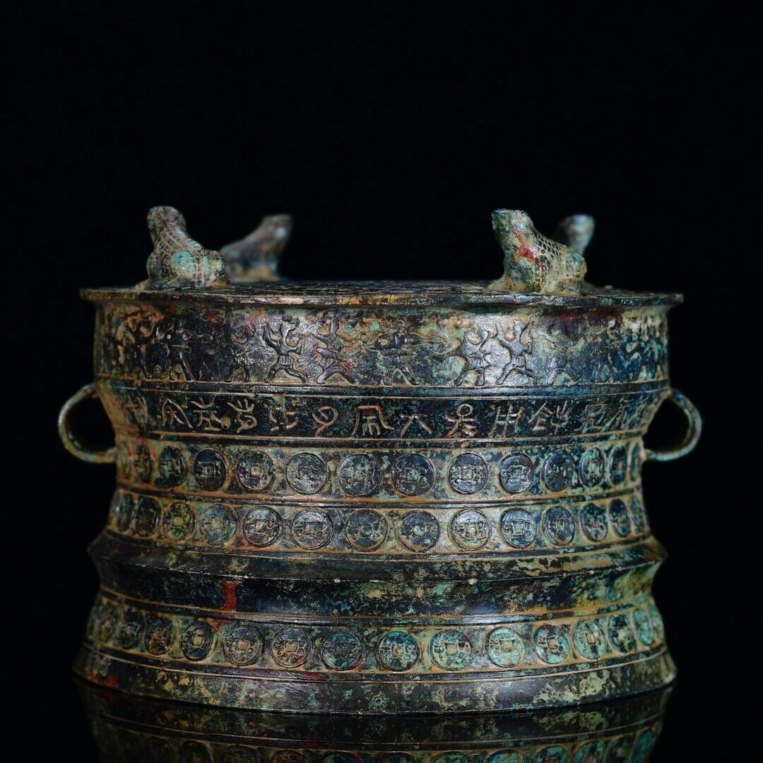 8.8” Ancient China Bronze Ware Dynasty Warring war drum statue Sculpture