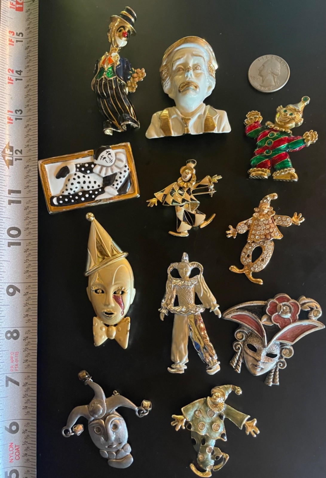 VTG Lot of 11 Clown Harlequin Jester Brooches Pins Enamel Rhinestone Some Signed
