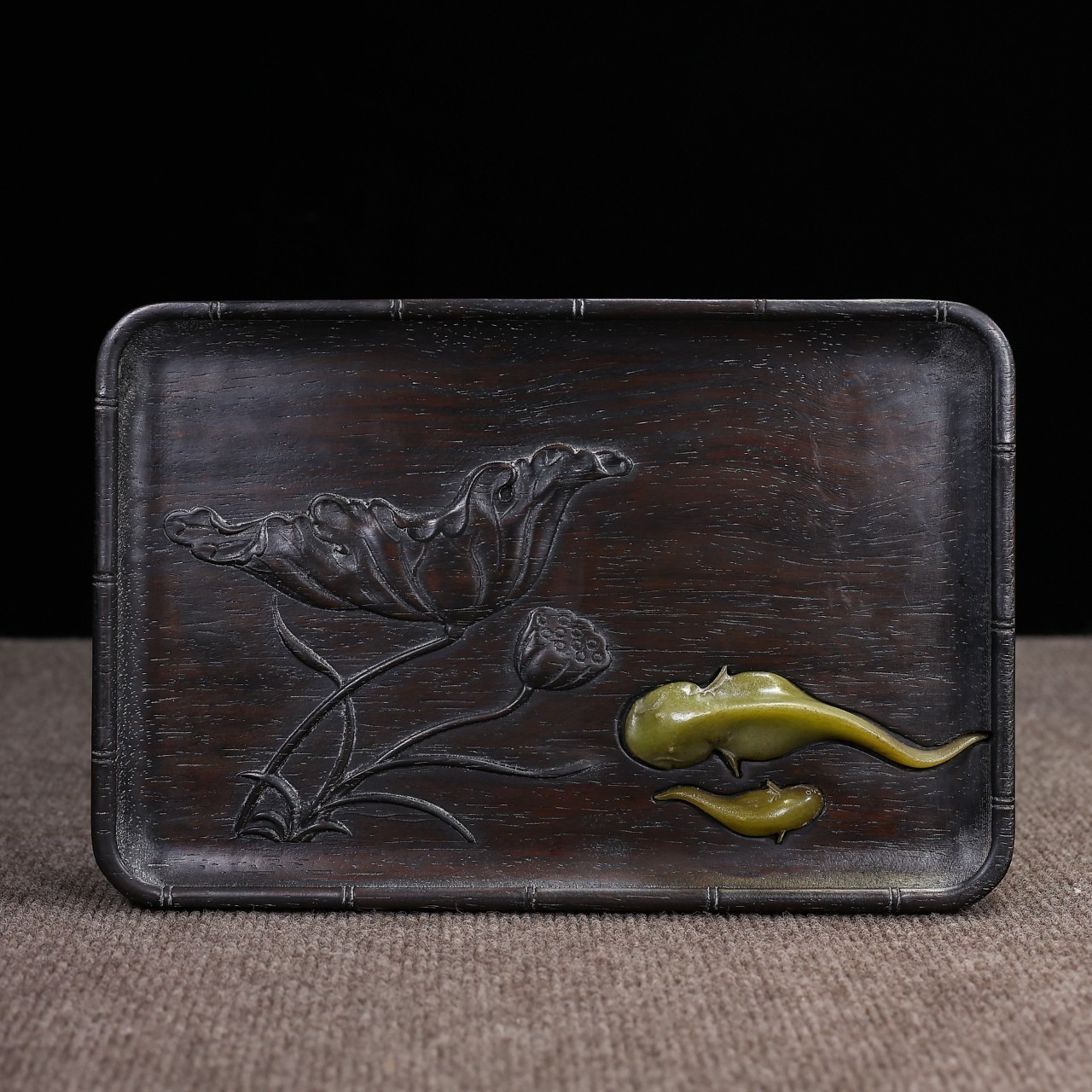 Old Chinese Sandalwood inlaid with jade stone Lotus Pond & Fish Pattern tea tray