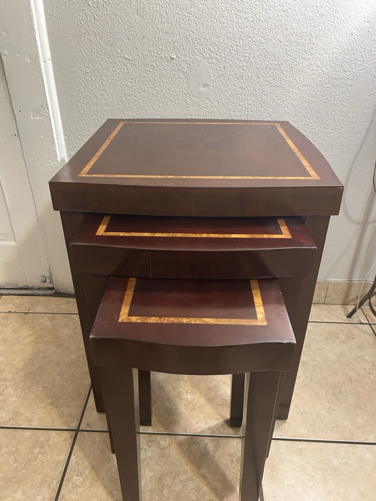 Vintage Solid Mahogany Inlaid Nesting Tables, Quality! Set Of 3