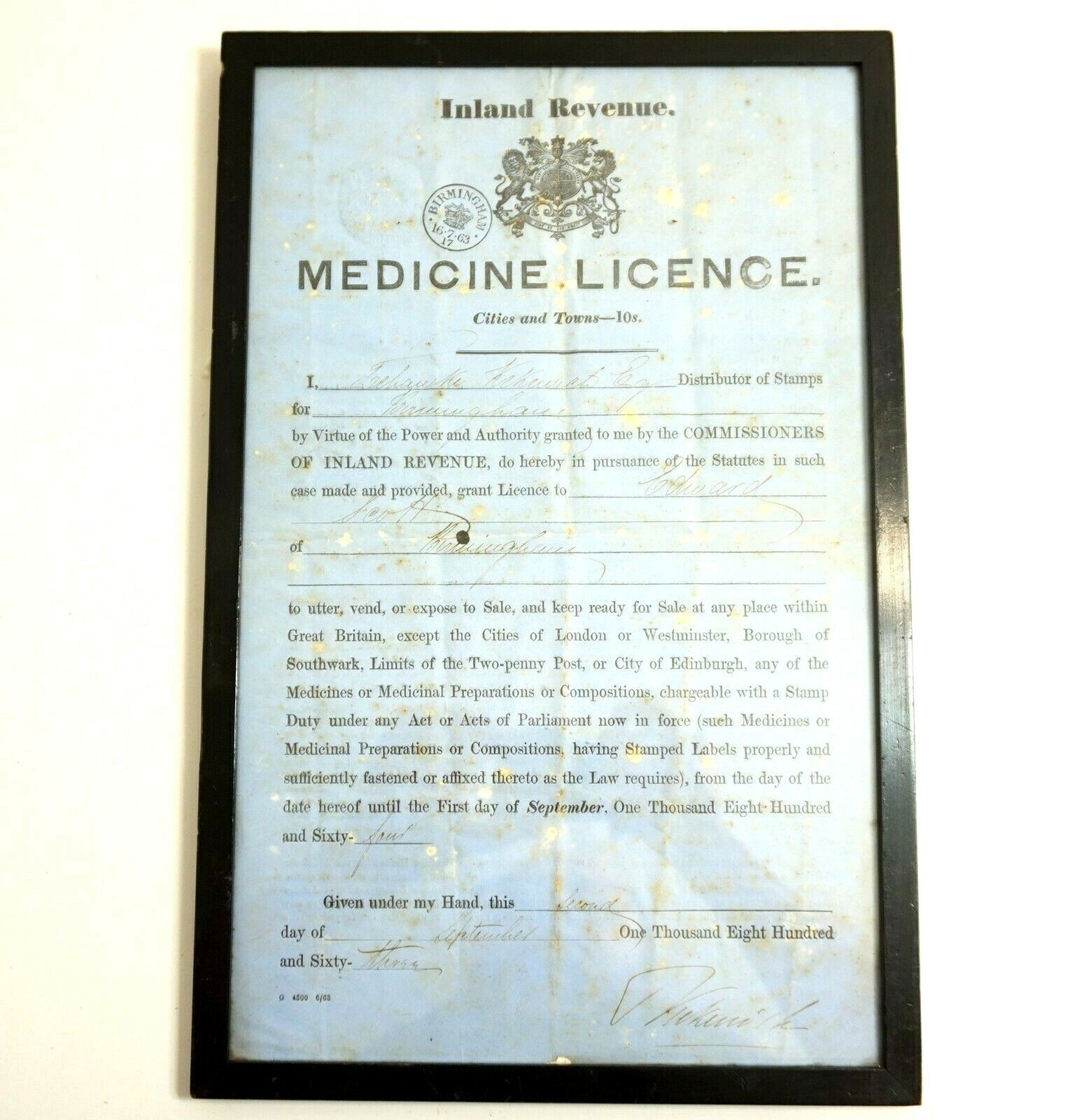 1863 GREAT BRITAIN INLAND REVENUE MEDICINE LICENSE CIVIL WAR ERA FRAMED ANTIQUE