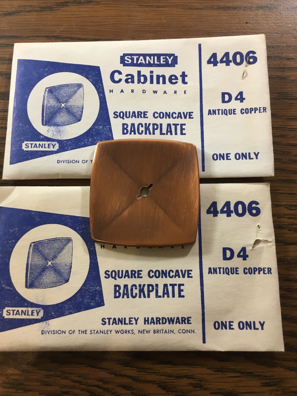 Vtg NOS STANLEY Cabinet Hardware Square Concave Backplate (2 pieces) copper
