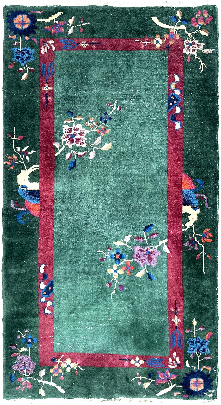 3X6 Antique Art Deco Chinese Rug Green Tapestry 92cm x 178cm C.1920