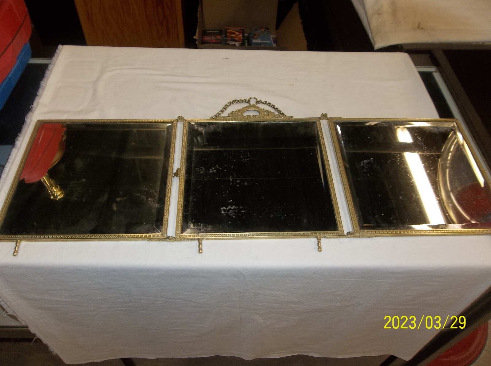 Antique French Bronze/ Brass Ornate Tri-Fold Carry Mirror w/ Beveled Glass.