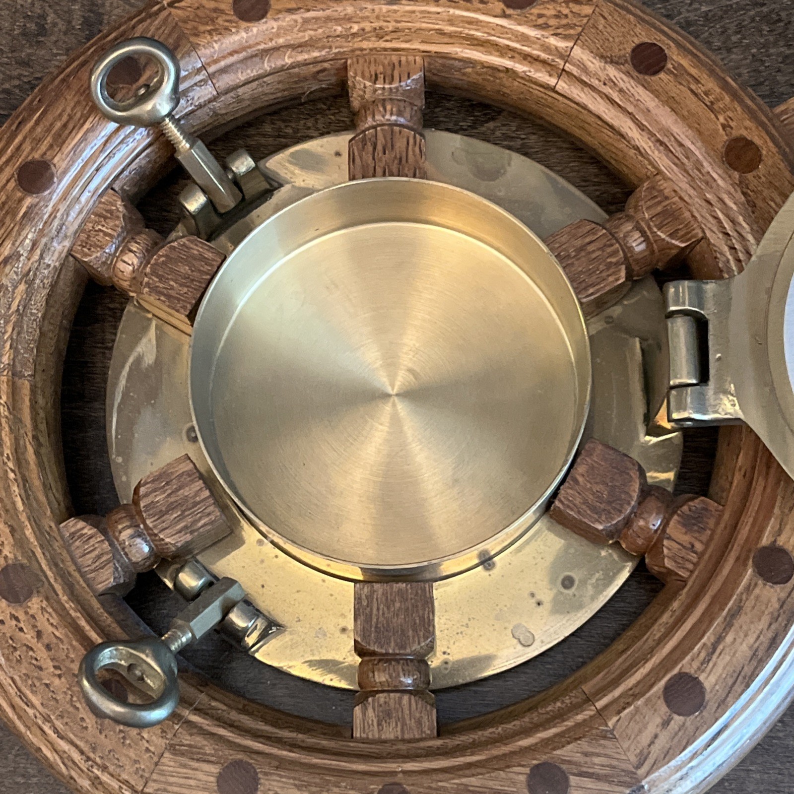 Vintage Captains Wheel 13”Solid Oak Wood & Brass Wall Clock Porthole Nautical