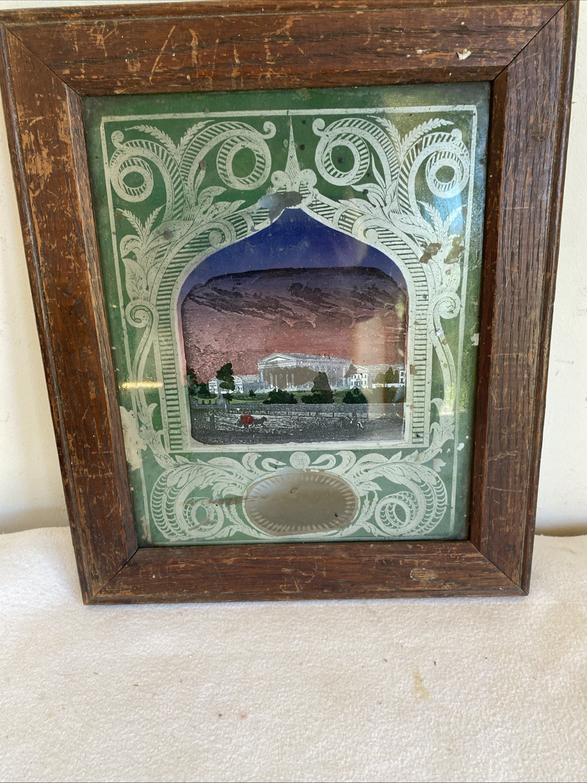Old Vintage Painted Glass Panel