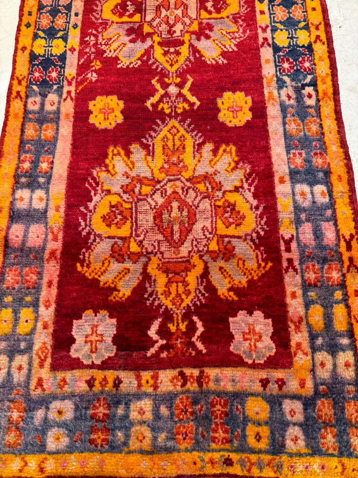 Oriental Hand-Knotted Wool Runner Turkish Oushak Red/Blue/Gold 3’4″ x 8’9″