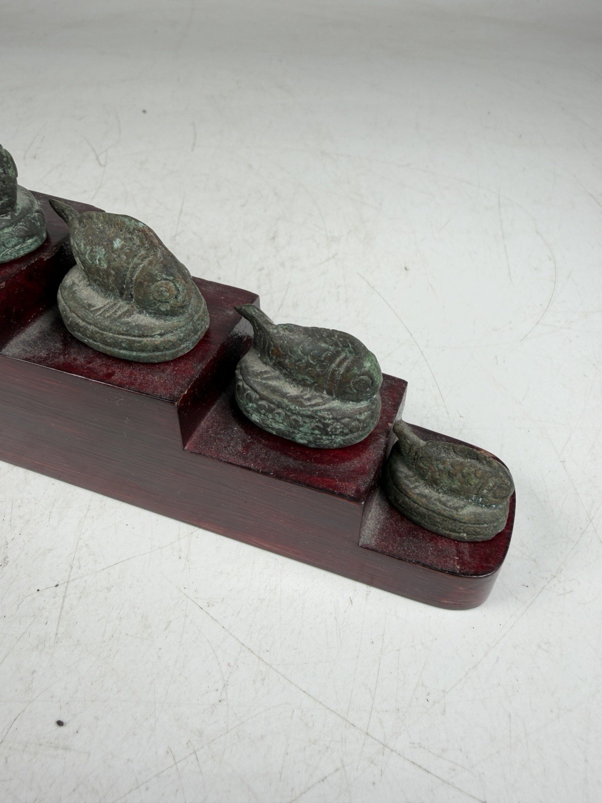 Set Of 5 1880s Antique Burmese Chinese Fish Shaped Pipe Weights W Stand