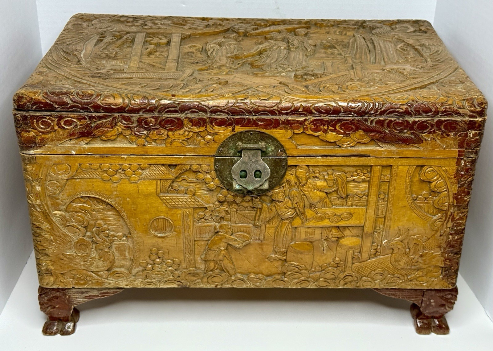 Rare Antique Qing Dynasty Chinese Hand Carved Wood Carved Trunk For Repair/Rehab