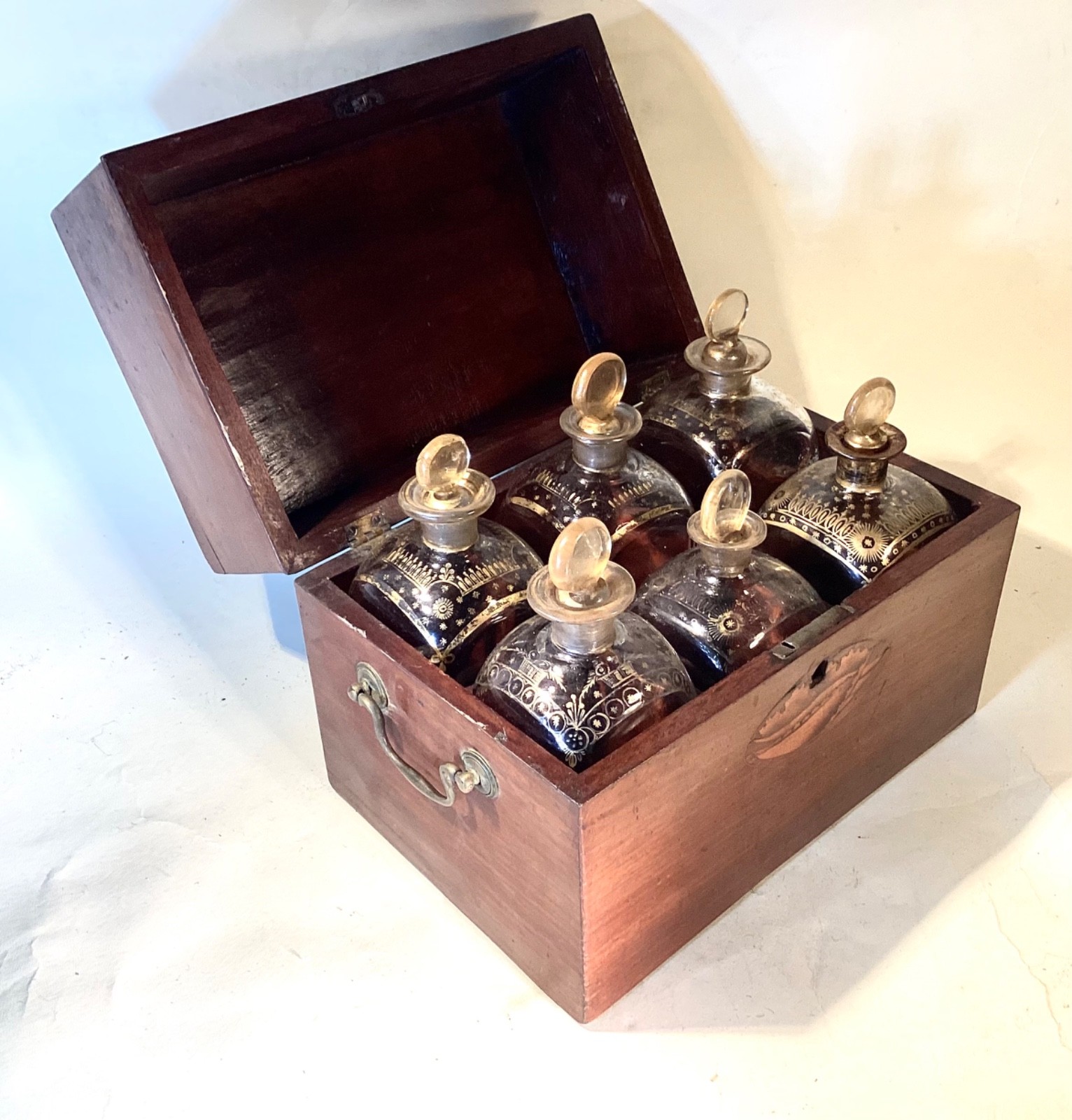Georgian Inlaid Six Bottle Decanter Case or Box. Shell Inlays. Genuine.