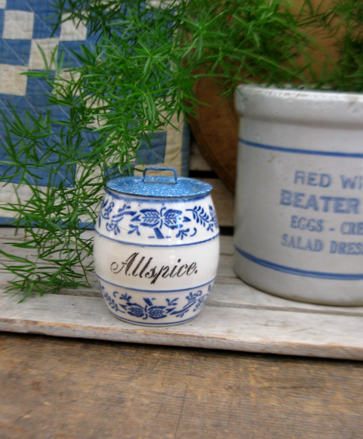 Antique Flow Blue China Allspice Jar GMT Germany w Blue Graniteware Lid