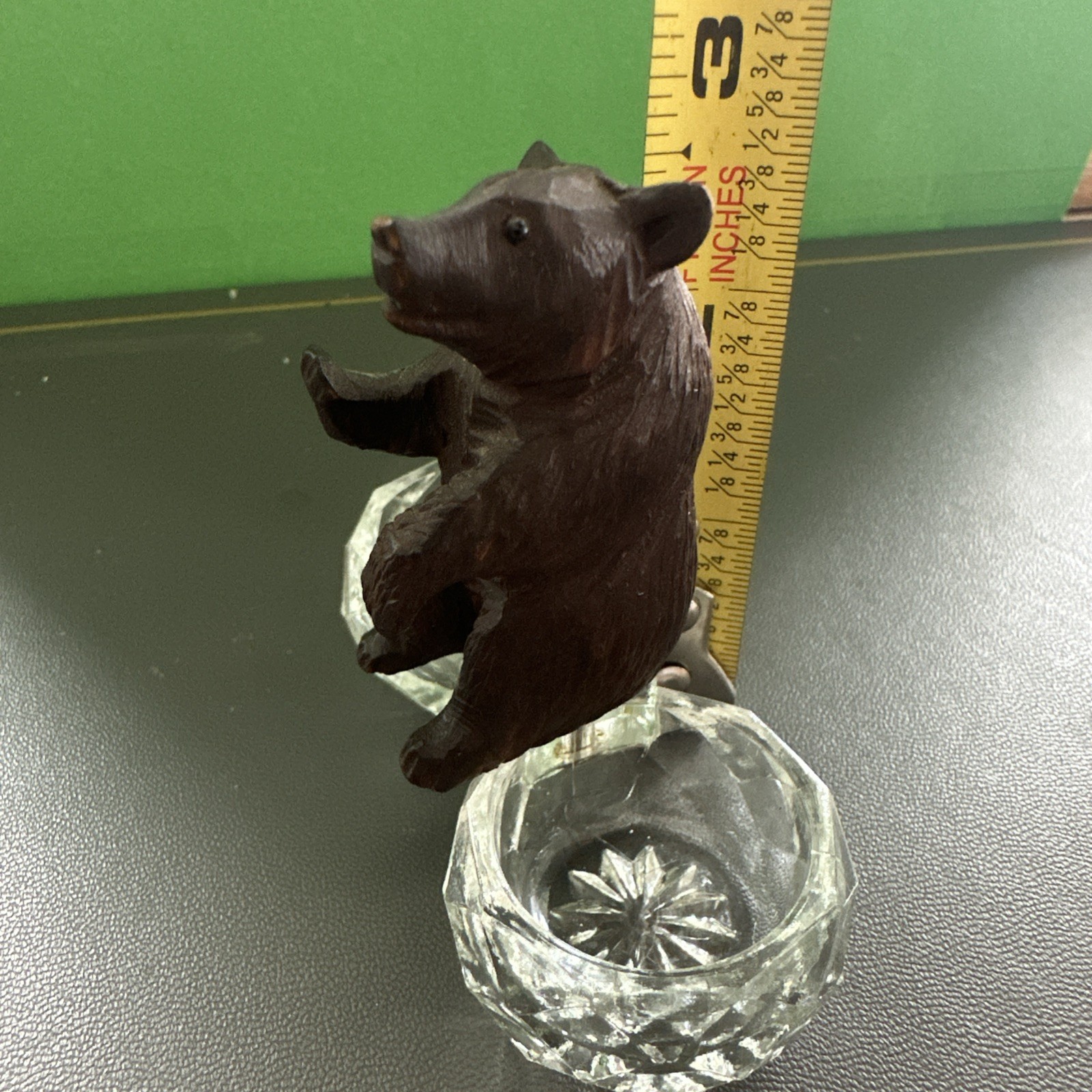 Antique Black Forest Detailed Carved Wood Bear Bead Eyes Salt Cellar
