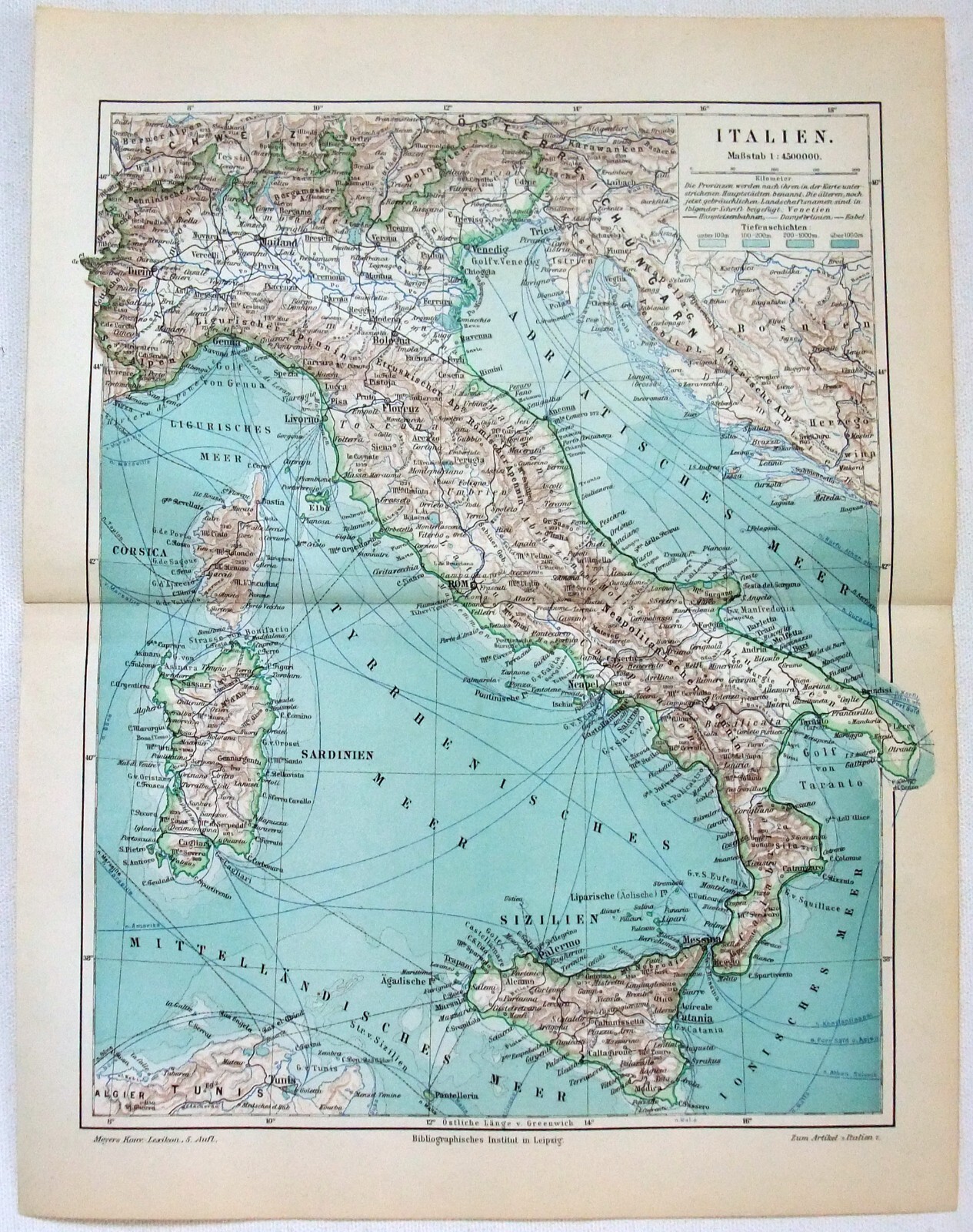 Italy – Original 1898 German Language Map by Meyers. Vintage