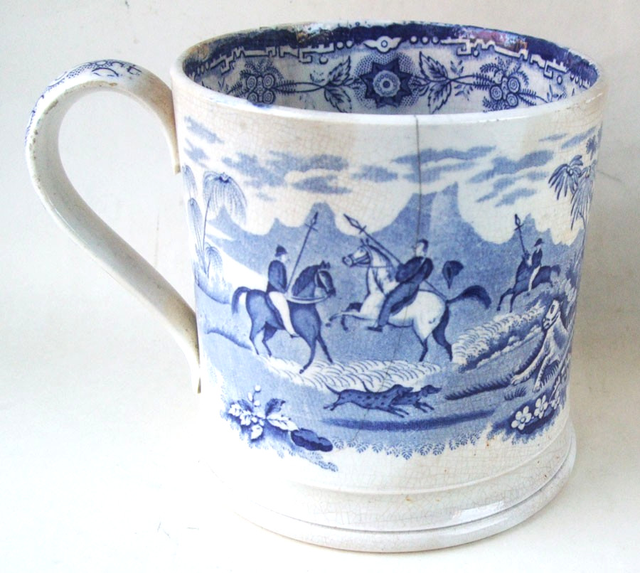Antique Pottery Tiger Hunt Blue Transfer Large Tankard 5″ Tall circa 1800s