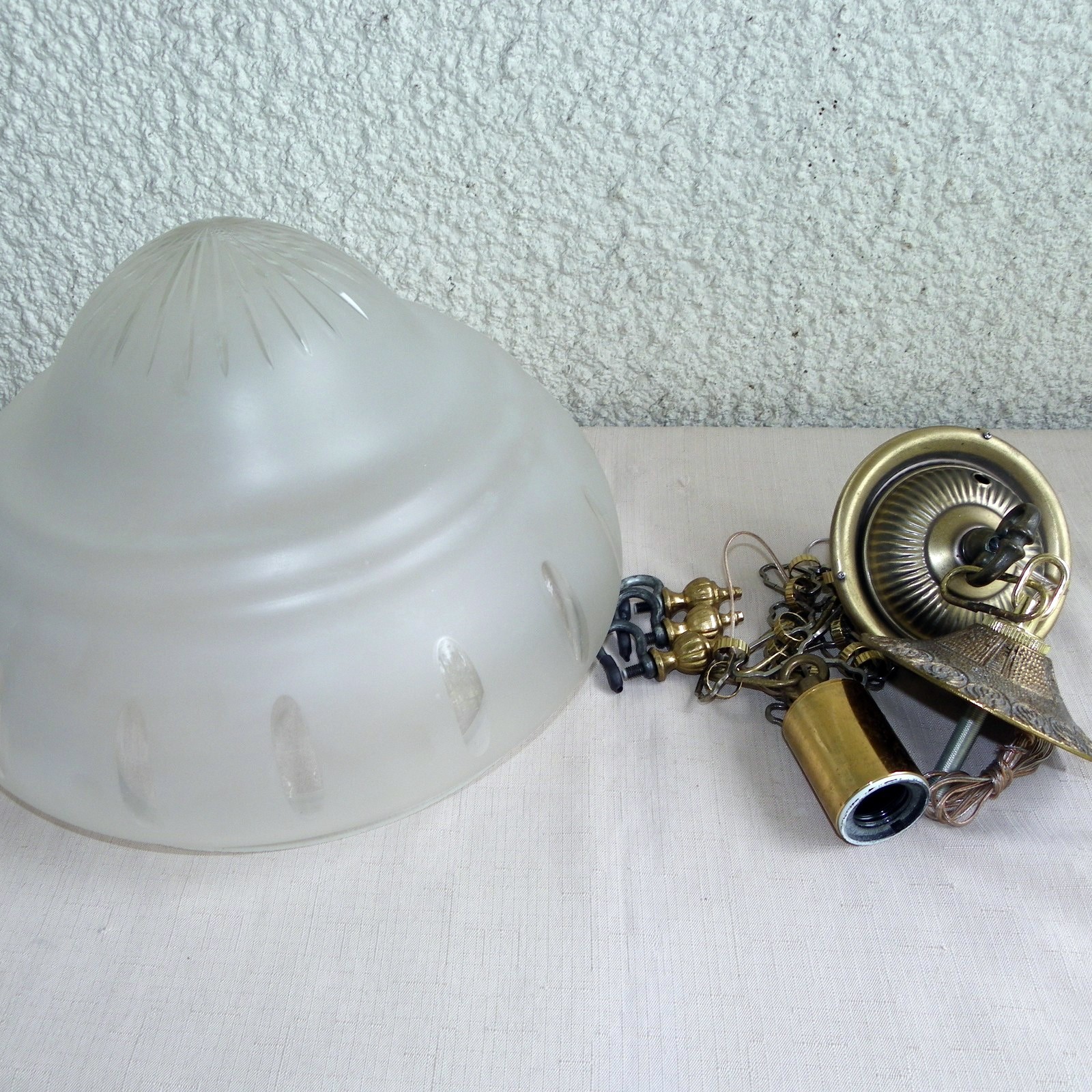 RESTORED VINTAGE GRAVITY HOOK PENDANT LIGHT SATIN GLASS BOWL CHANDELIER
