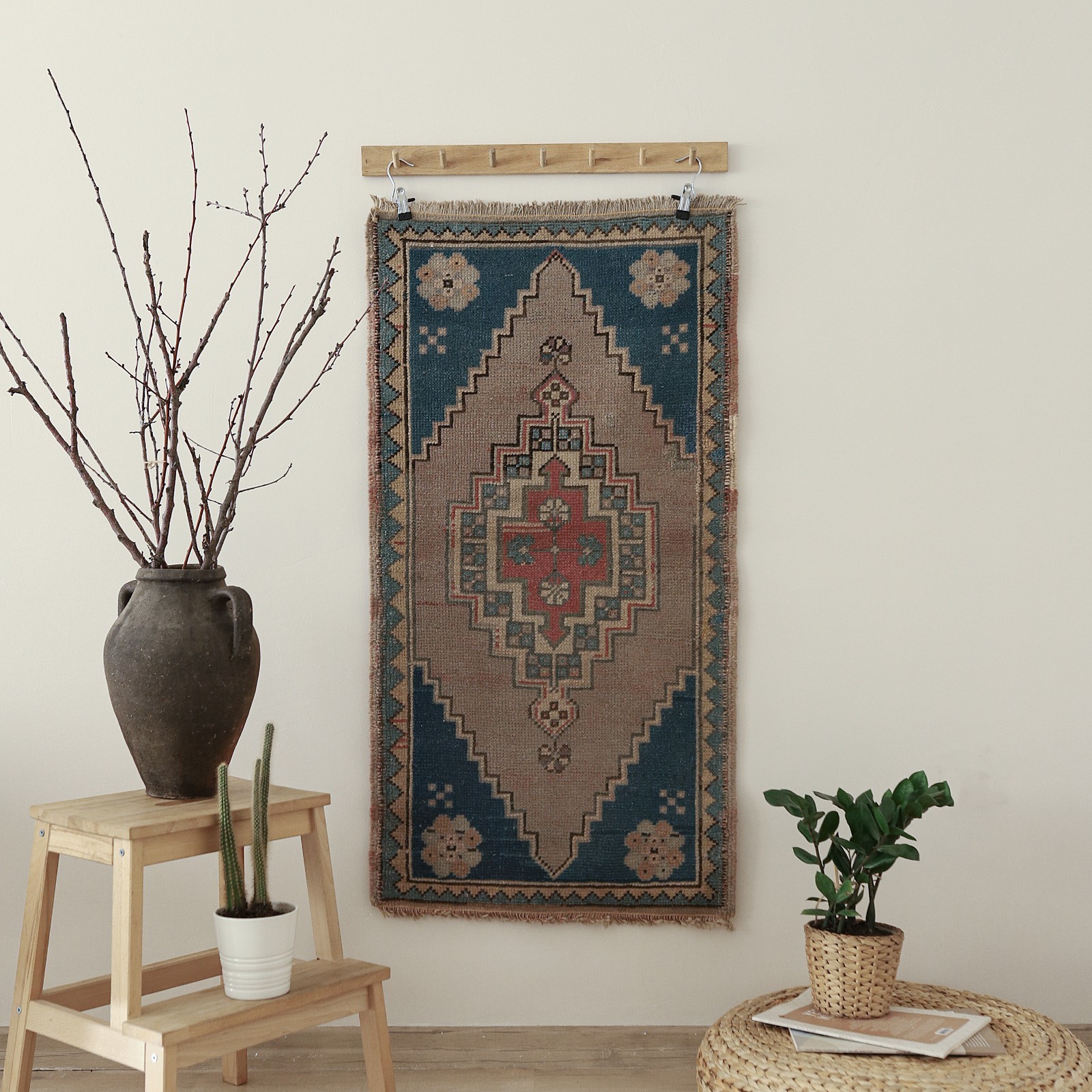 Vintage Turkish Small Rug Handmade Wool Blue Medallion Door Mat 2×4 ft