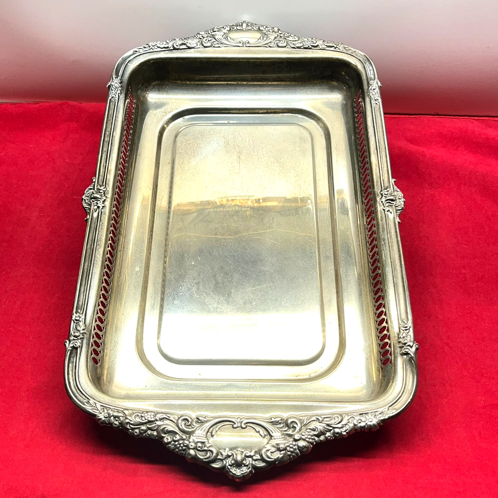 VTG 19″ Tarnished Silver Plated Rectangular Butler Serving Tray Pierced Gallery
