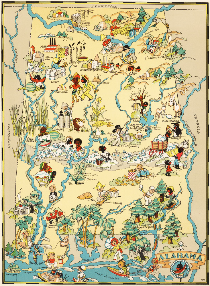 Canvas Reproduction Vintage Pictorial Map of Alabama Print Ruth Taylor 1935
