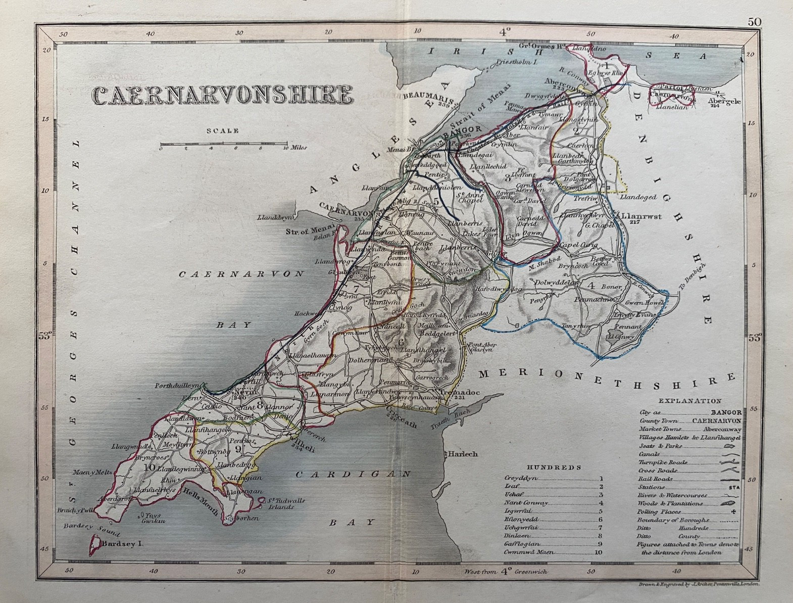 1850 Antique Map; Carnarvonshire / Caernarfonshire, Wales by Joshua Archer