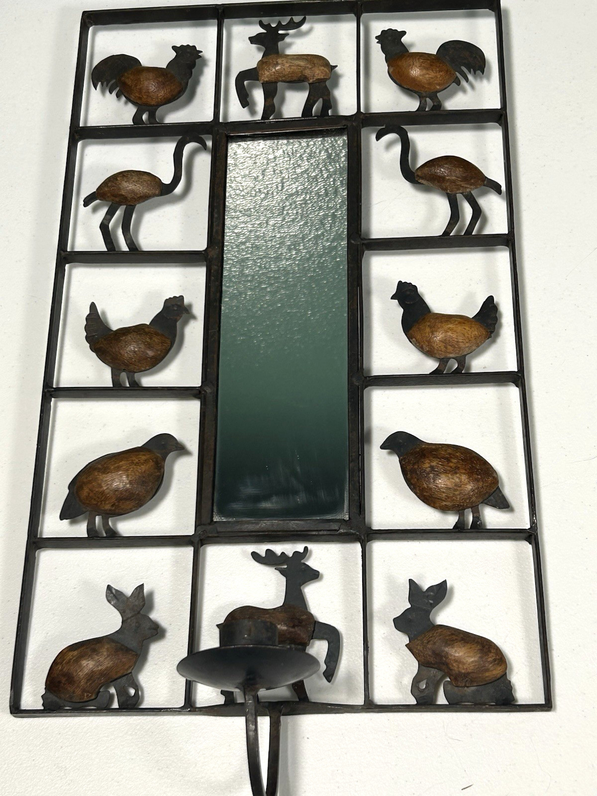 Iron & Wood Animal Grid Mirror Sconce Candle Holder 17×10″ Style of Barboglio