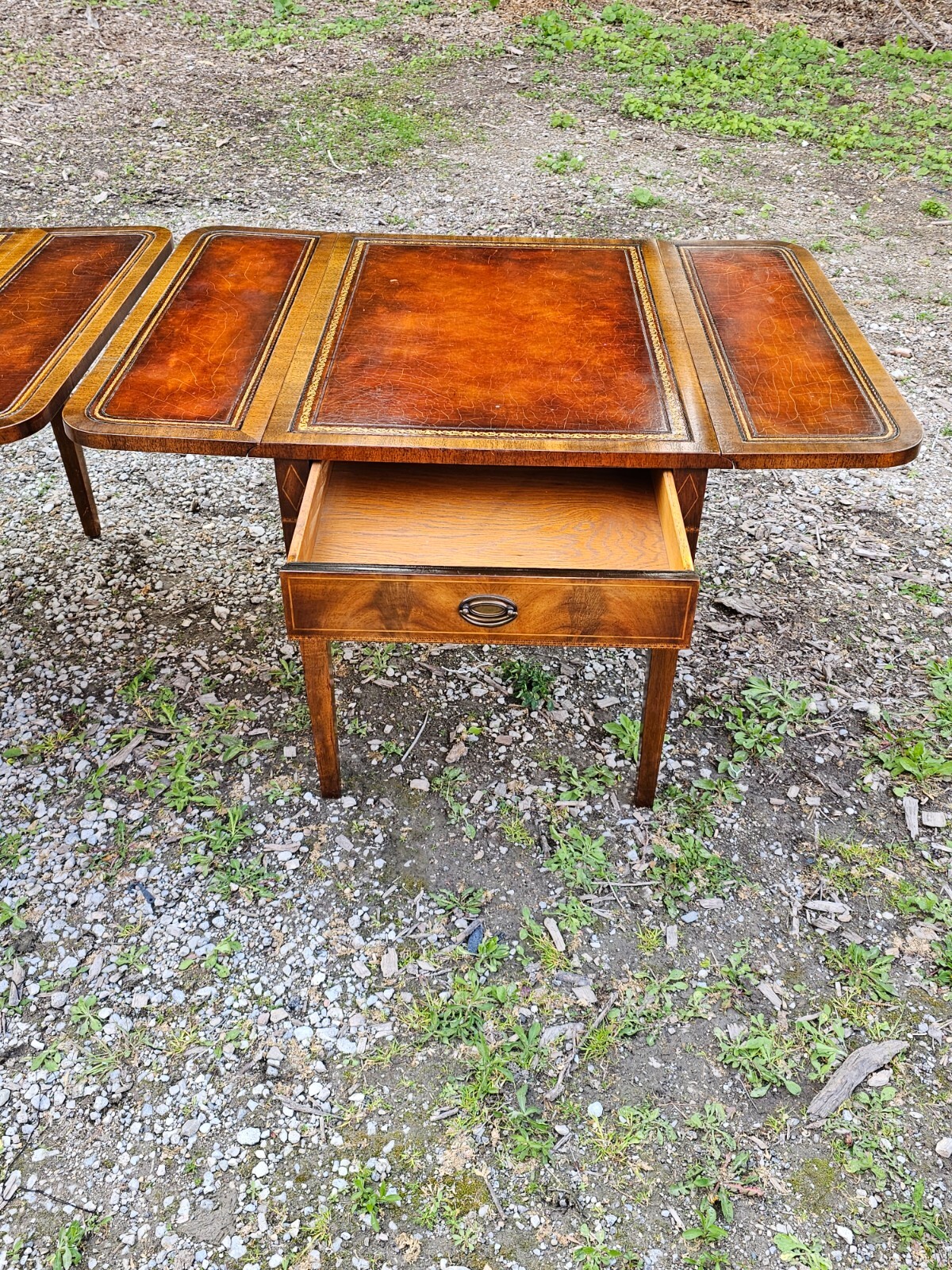 Antique Pembroke Double drop leaf leather top end table Pair by Weiman