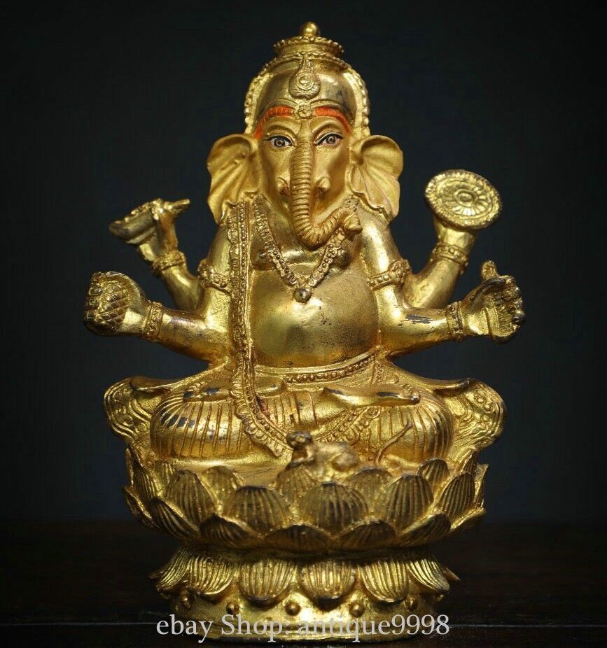 Old Nepal Bronze Gilt Painting 4 Arm Elephant Mammon Ganapati Buddha Statue