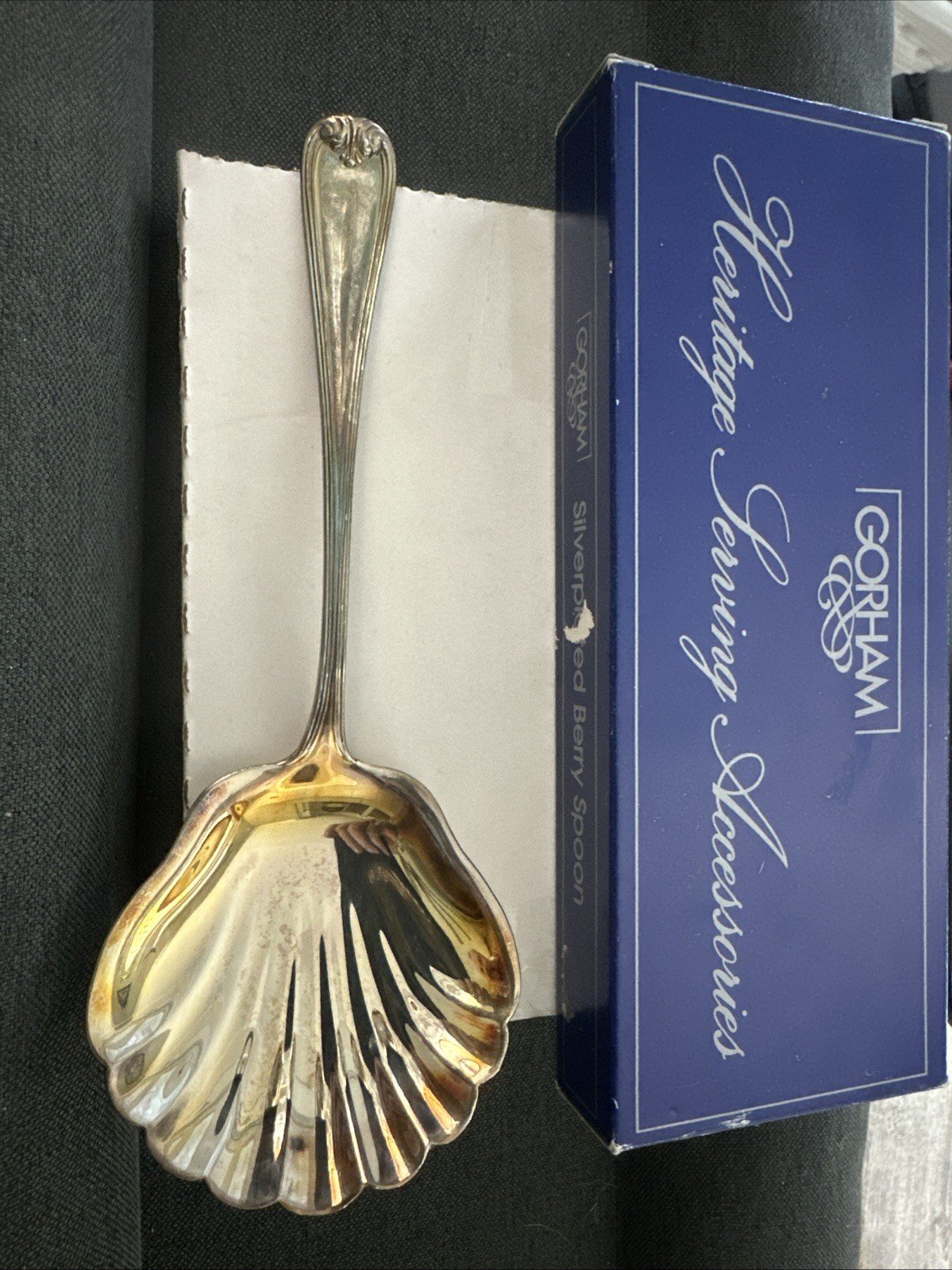 Gorham HERITAGE Solid Shell Berry Casserole Spoon 9″ Italy Silverplate With Box