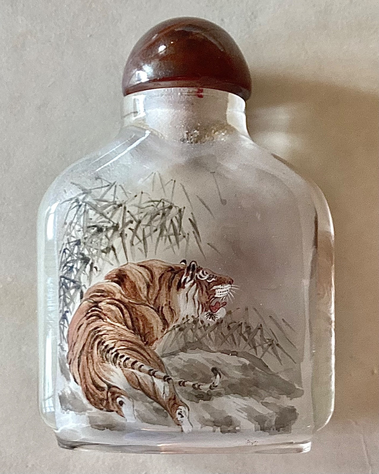 ~ Inside Reverse Painted Chinese Crystal Snuff Bottle – Tigers