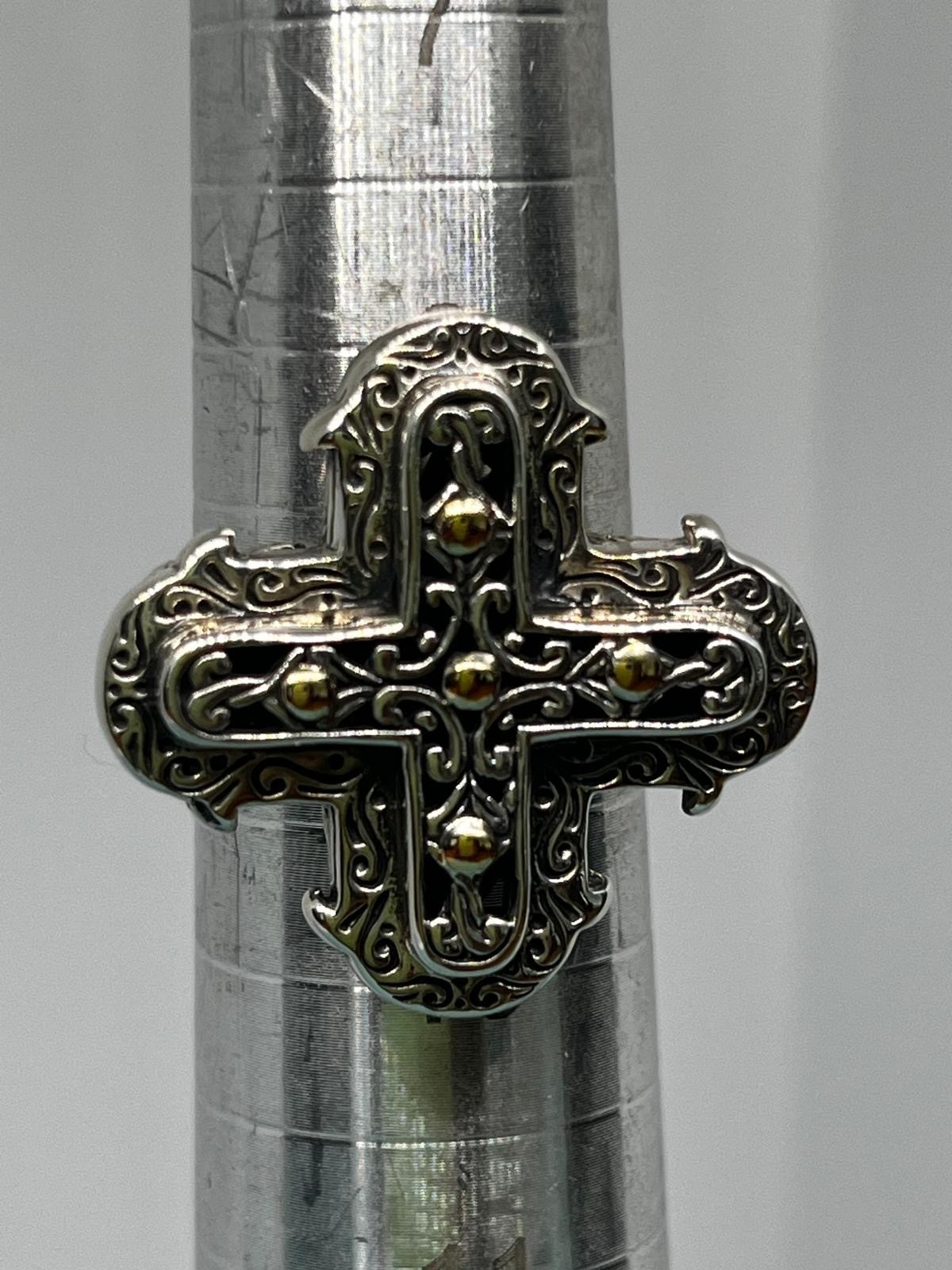925 Silver Cross Ring with 18K Gold Accents, Oxidized Religious Ring, Size 9
