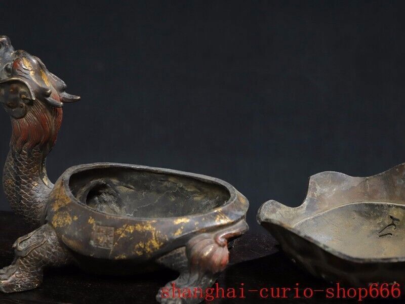 9.2″Bronze gilt longevity Dragon turtle Tortoise turtle Incense burner Censer