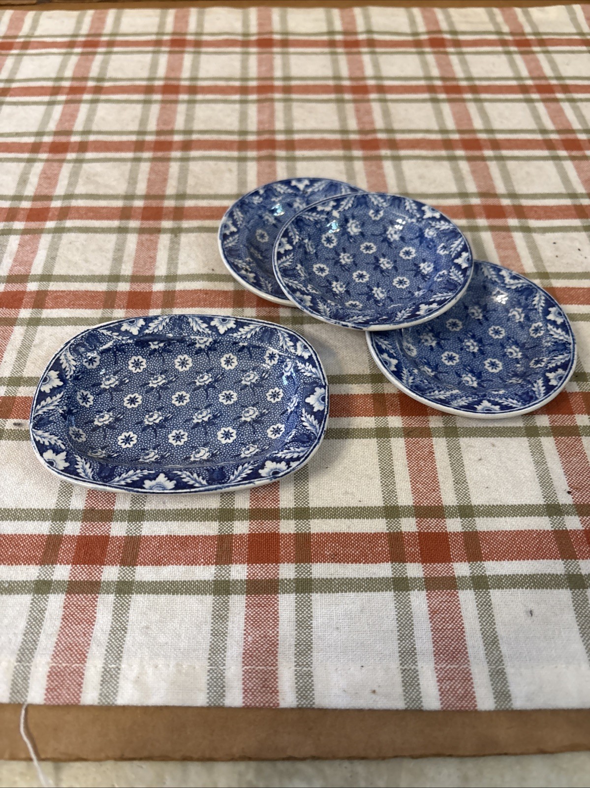 4 Piece Set Pearlware Blue Transferware Childs Dishes , 3 Plates & 1 Platter