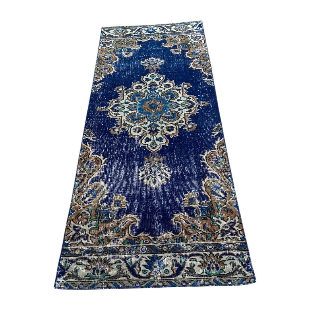 Hand-Knotted Wool Runner Rug: Vintage Blue Oriental Hallway Carpet (2.4×6.7 ft)